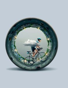 Illustration of a man cycling inside a cylindrical road promoting CicloZone, an indoor cycling app
