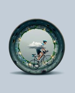Illustration of a man cycling inside a cylindrical road promoting CicloZone, an indoor cycling app