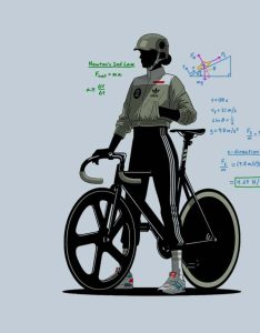 Illustration of female cyclist standing by an indoor bike promoting CicloZone, an indoor cycling app, with some calculations in the background