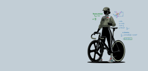 Illustration of female cyclist standing by an indoor bike promoting CicloZone, an indoor cycling app, with some calculations in the background