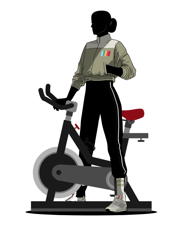 Illustration of woman on a stationary bike promoting CicloZone, an indoor cycling app