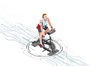 Illustration of male cyclist with headphones on an indoor cycle illustrating how everyone can use CicloZone, an indoor cycling app