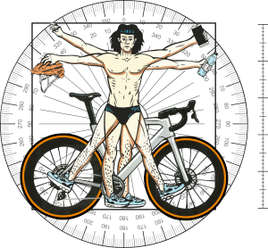 Illustration of Vitruvian Man holding cycling gear with revolving protractor in the backdrop demonstrating the science behind CicloZone,an inddor cycling app