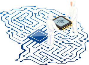 Illustration of scientist and engineers holding a chipset of Ciclozone, an indoor cycling app