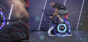 Man on a stationary cycle demostrating ERG mode compatibility of CicloZone, an indoor cycling app