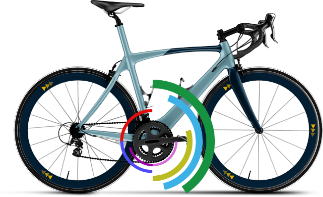 Image of bicycle behind animation showing muscles getting activated when cycling or using CicloZone, an indoor cycling app