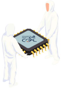 Illustration of scientist and engineers holding a chipset of Ciclozone, an indoor cycling app