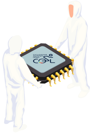 Illustration of scientist and engineers holding a chipset of Ciclozone, an indoor cycling app