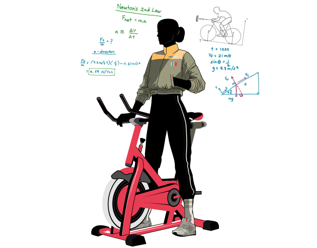 Illustration of female cyclist standing by an indoor bike promoting CicloZone, an indoor cycling app, with some calculations in the background