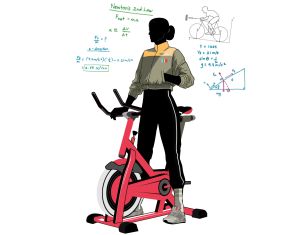 Illustration of female cyclist standing by an indoor bike promoting CicloZone, an indoor cycling app, with some calculations in the background
