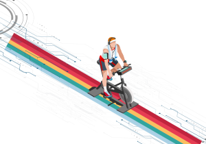 Illustration of male cyclist with headphones on an indoor cycle on a track with CicloZone brand colors