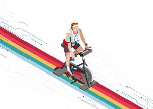 Illustration of male cyclist with headphones on an indoor cycle on a track with CicloZone brand colors