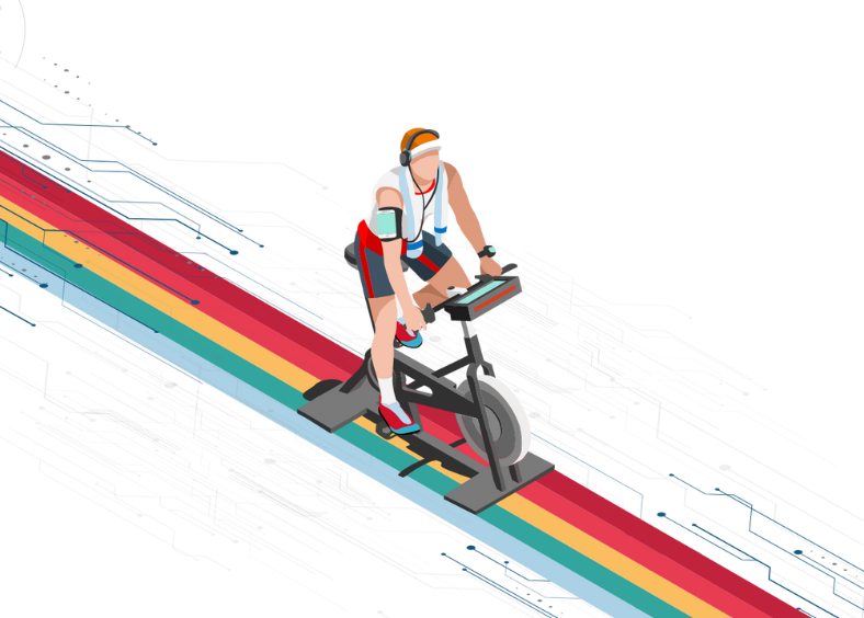 Illustration of male cyclist with headphones on an indoor cycle on a track with CicloZone brand colors